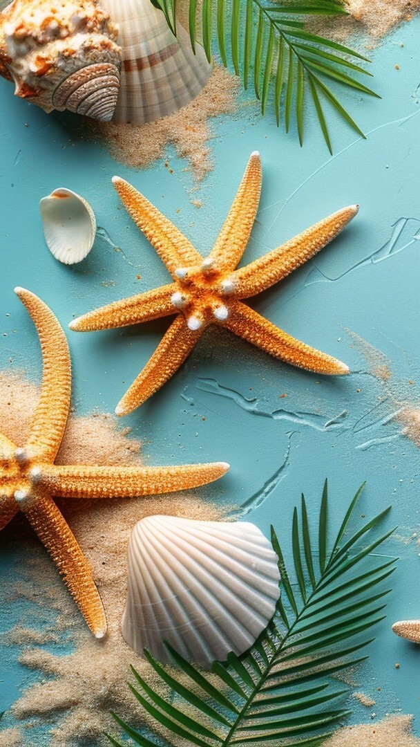 Rozgwiazdy i muszelki oraz liście na piasku na niebieskim tle