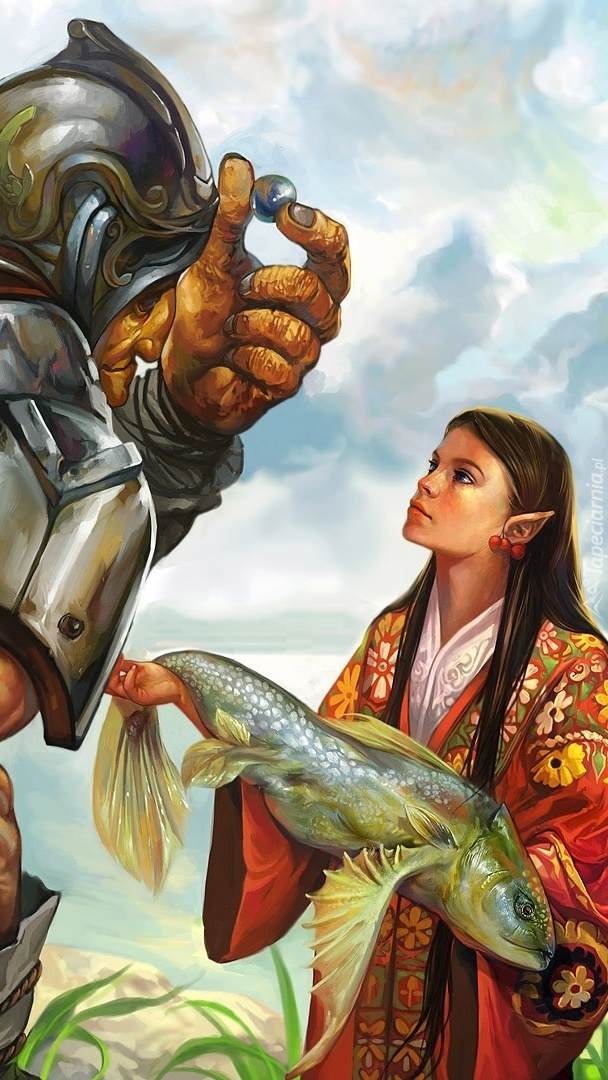 Rozmowa kobiety trzymającej rybę z wojownikiem