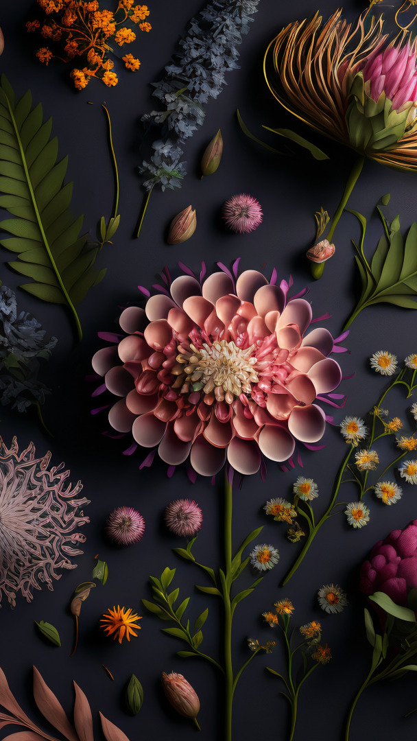 Różne kwiaty na ciemnym tle w 2D