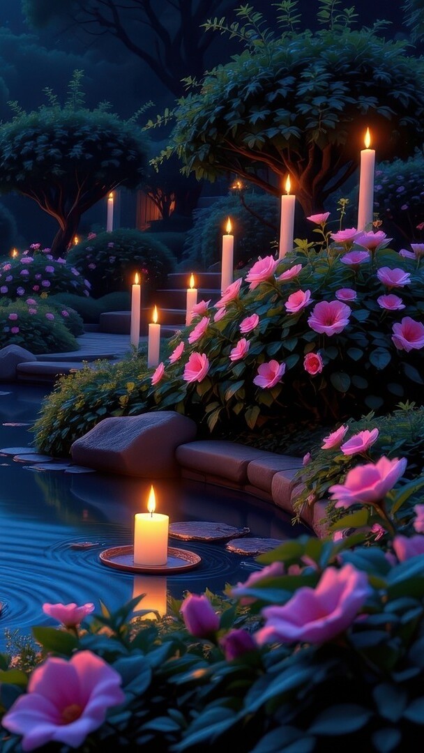 Różowe kwiaty i zapalone świece przy oczku wodnym w ogrodzie