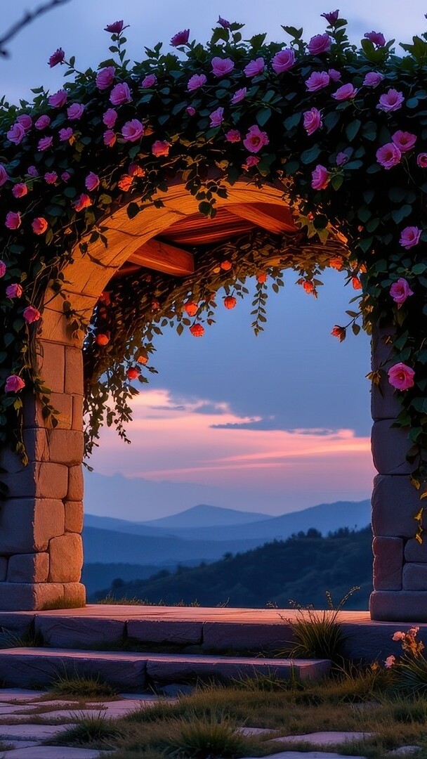 Różowe kwiaty na łuku z widokiem na góry