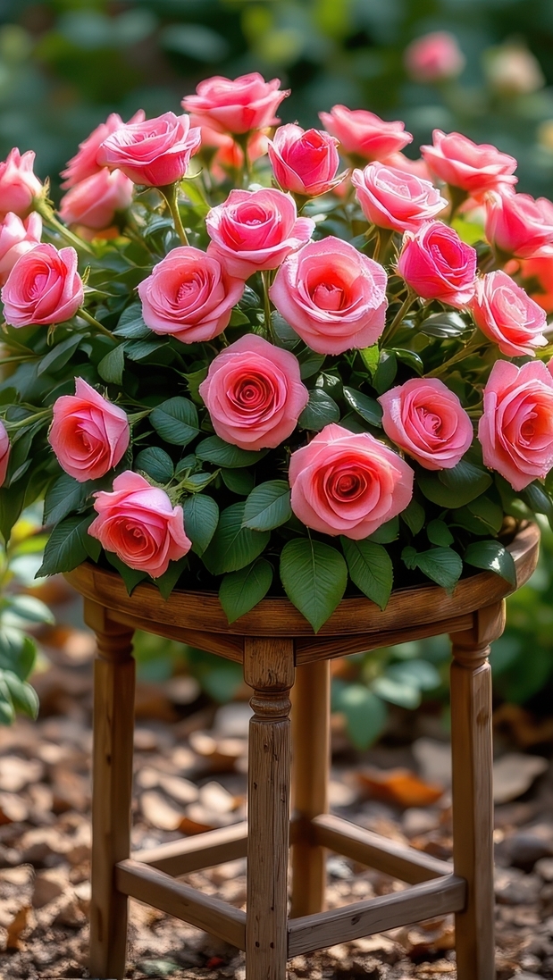 Różowe róże na kwietniku w ogrodzie