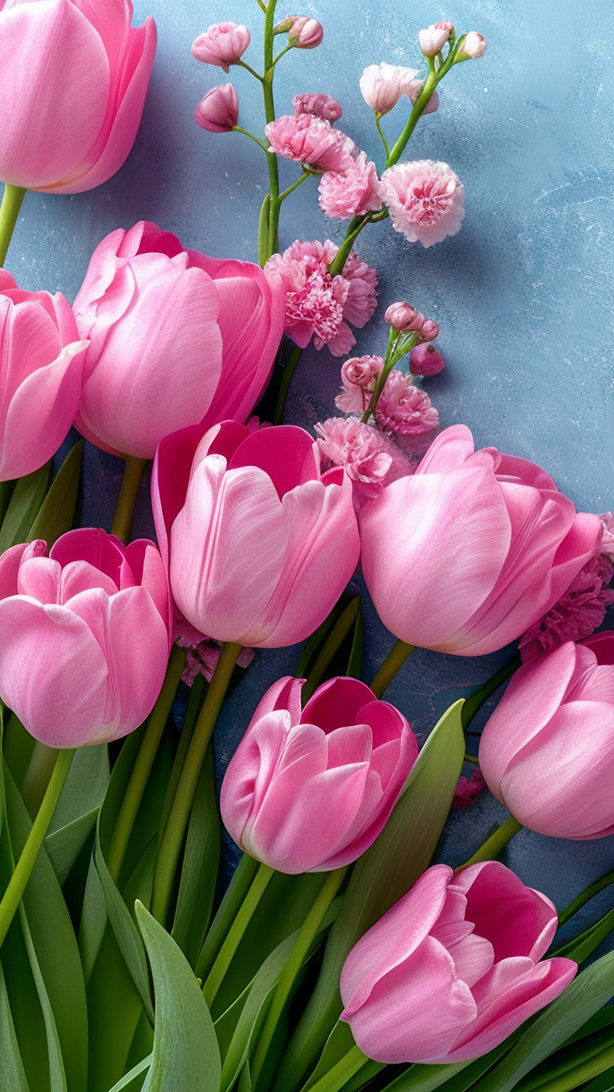 Różowe tulipany na niebieskim tle