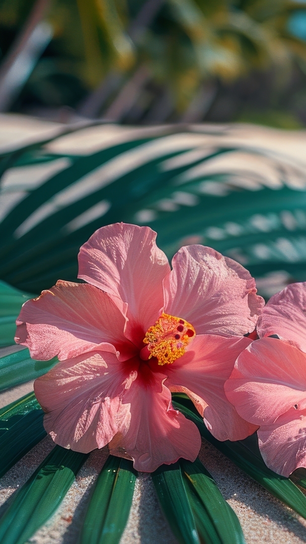 Różowy hibiskus na liściach