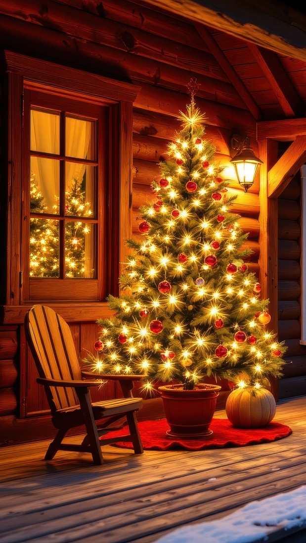 Rozświetlona choinka i krzesło na tarasie