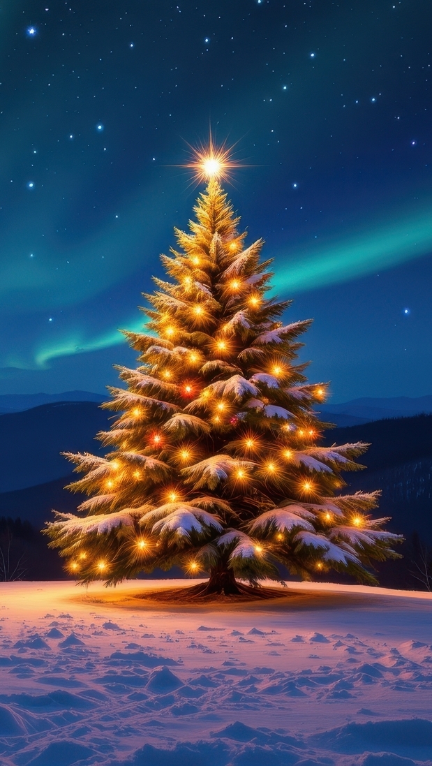 Rozświetlona choinka z gwiazdą na tle zorzy polarnej