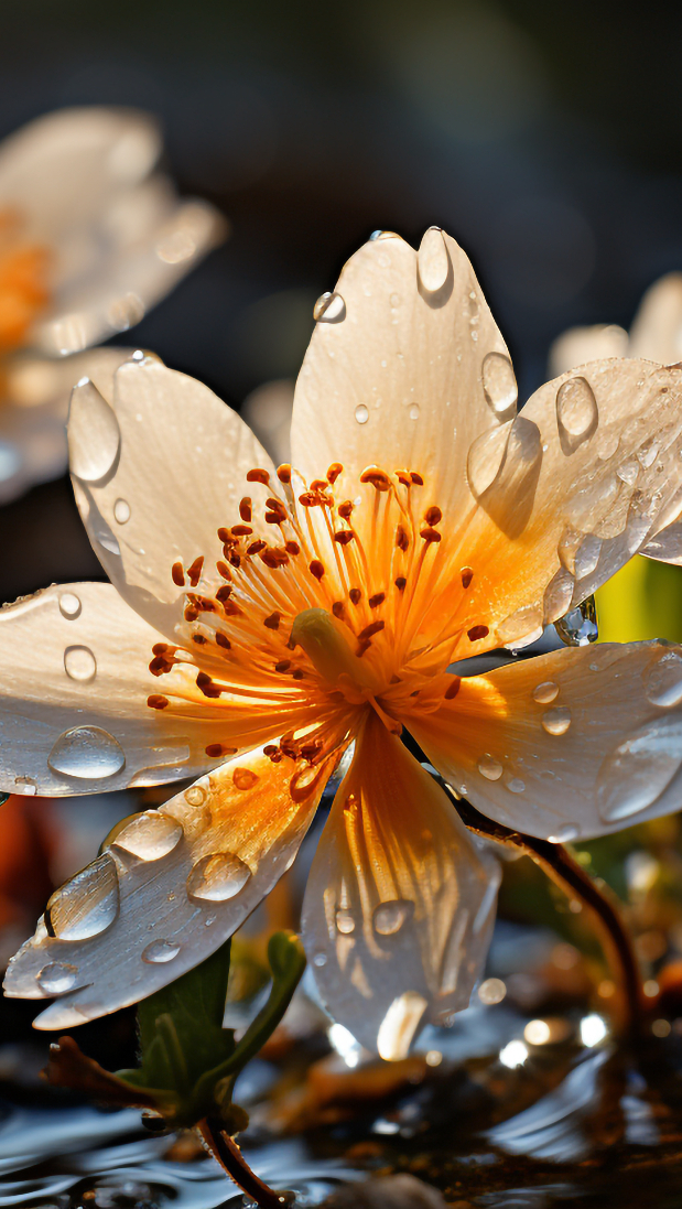 Rozświetlona lilia wodna z kropelkami wody