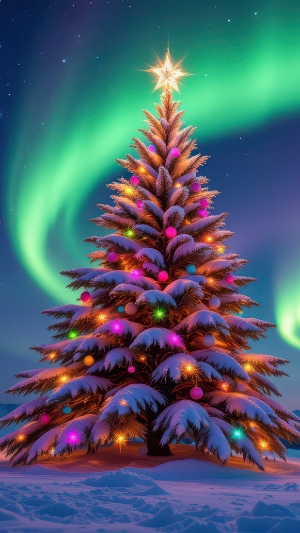 Rozświetlona światełkami udekorowana choinka na tle zorzy polarnej