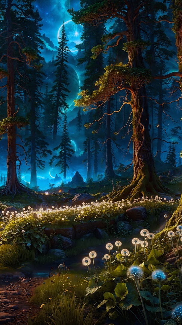 Rozświetlone blaskiem księżyca drzewa i dmuchawce w lesie
