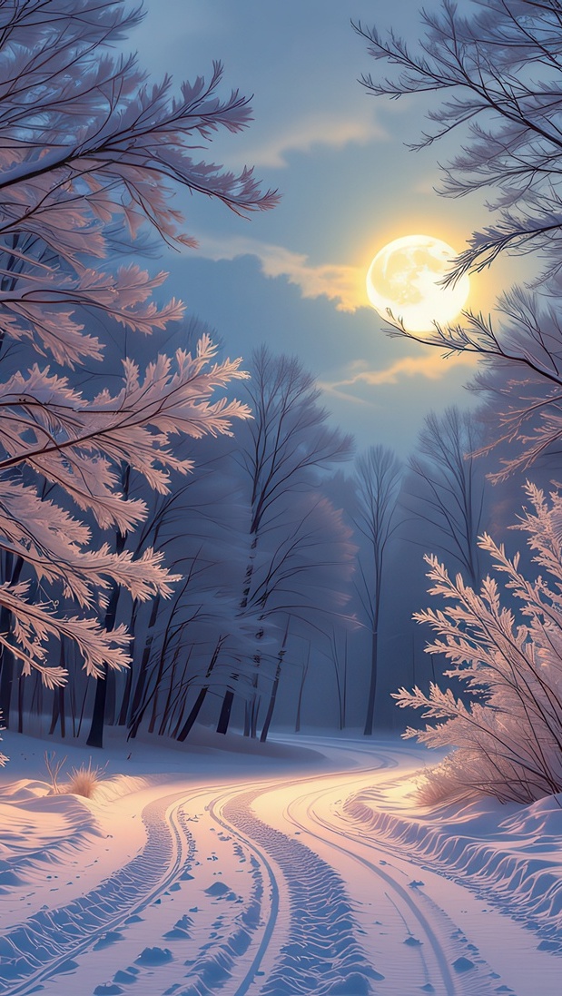Rozświetlone blaskiem księżyca ośnieżone drzewa przy zaśnieżonej drodze
