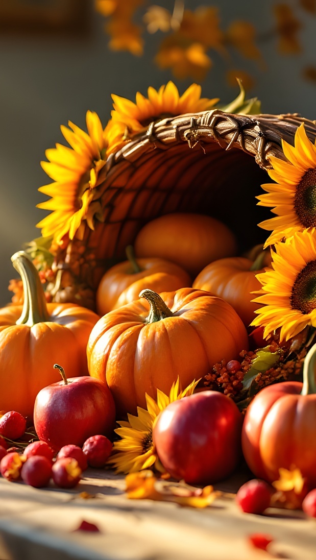 Rozświetlone jabłka i dynie oraz słoneczniki w koszu i obok