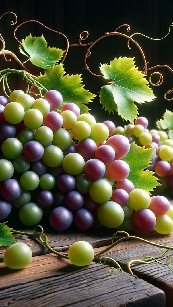 Rozświetlone kolorowe winogrona na deskach