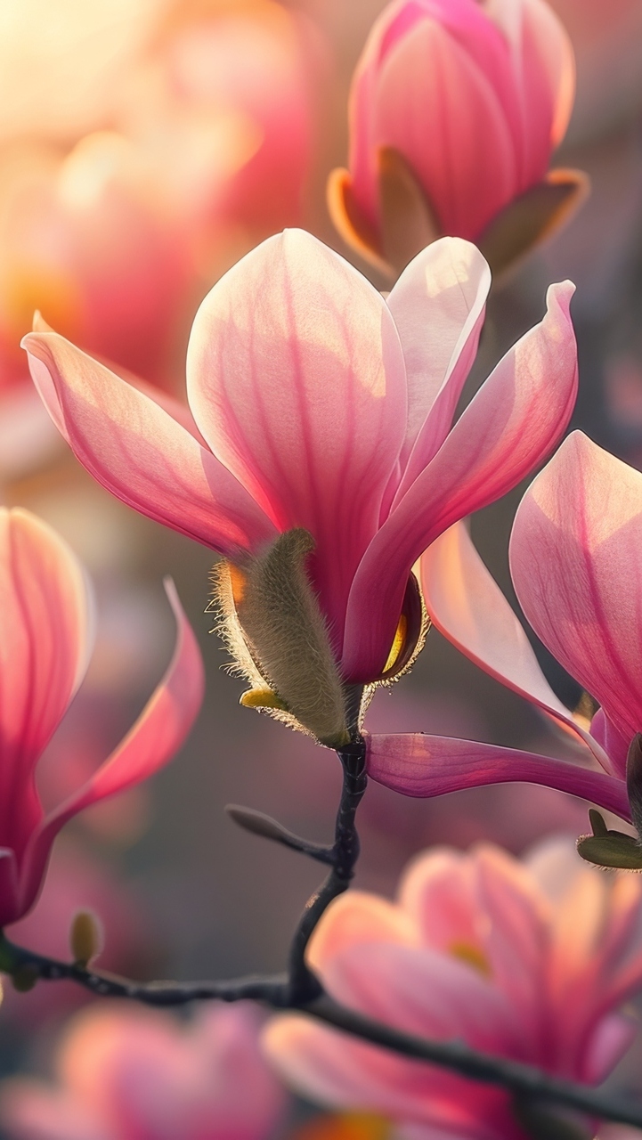 Rozświetlone kwiaty różowej magnolii