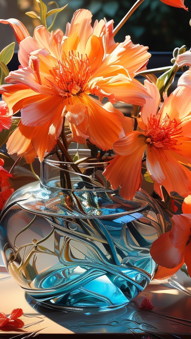 Rozświetlone kwiaty w szklanym wazonie