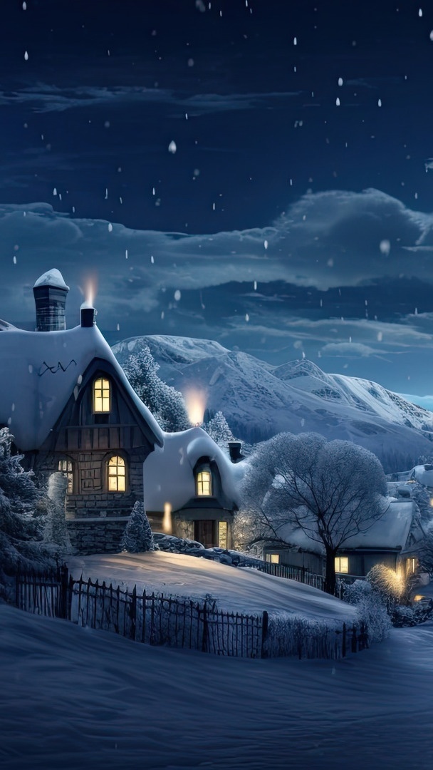 Rozświetlone nocą domy na ośnieżonym wzgórzu