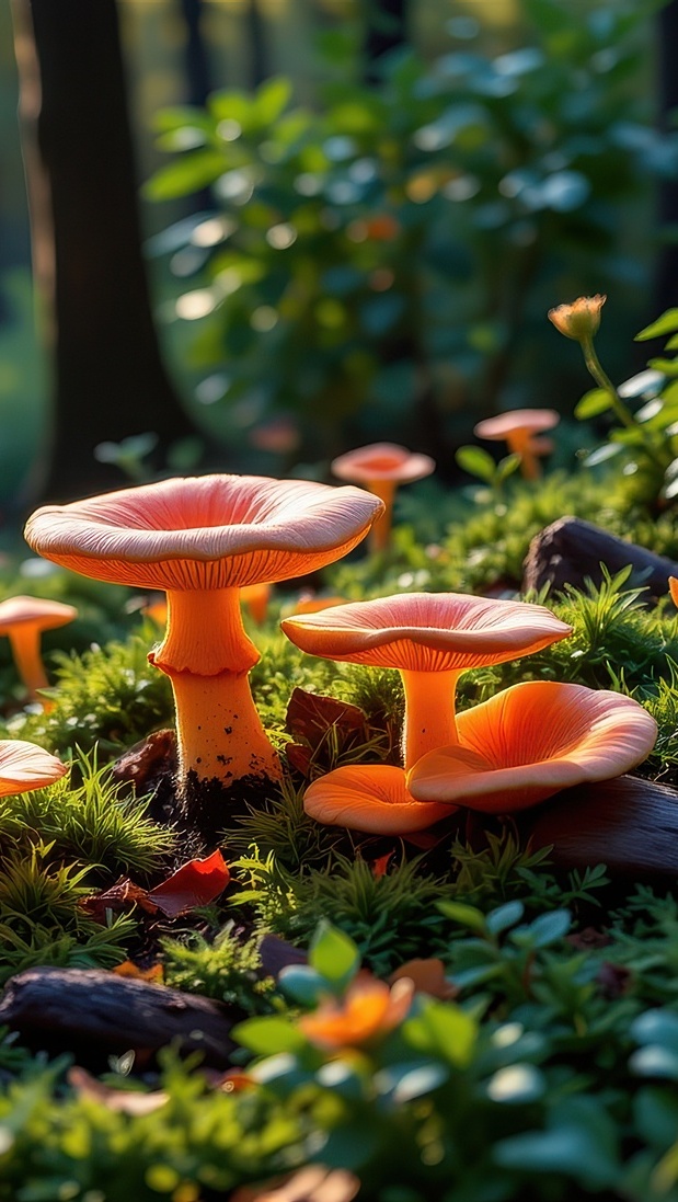 Rozświetlone pomarańczowe grzyby w leśnej ściółce