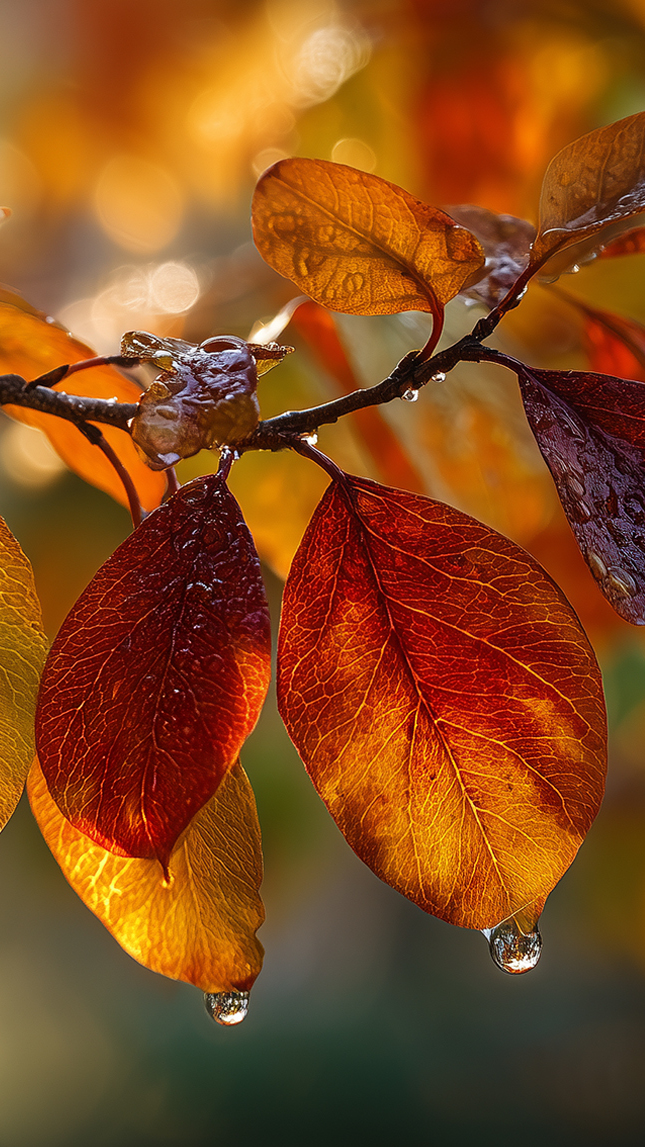 Rozświetlone światłem mokre jesienne liście na gałązce