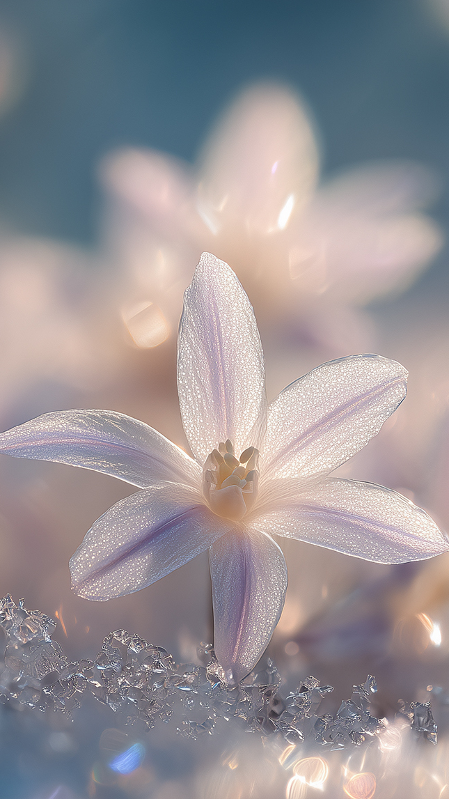 Rozświetlony biały śniedek baldaszkowaty w śniegu