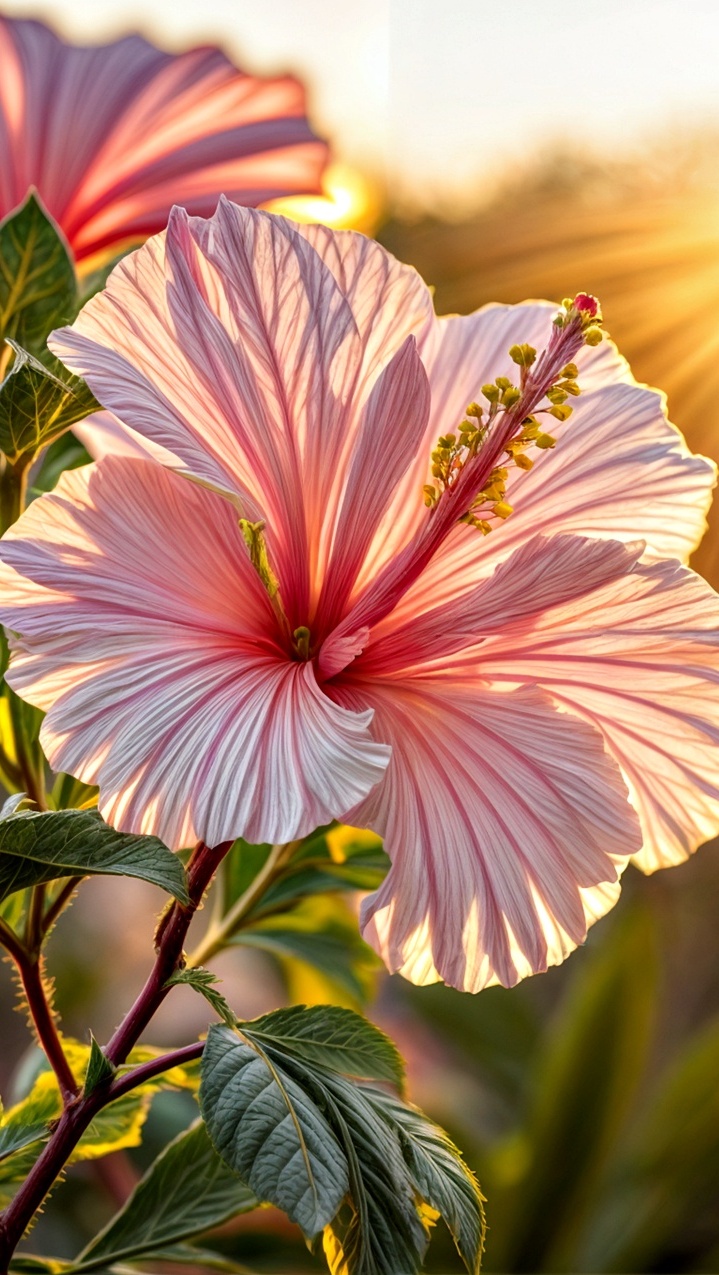 Rozświetlony jasnoróżowy kwiat hibiskusa