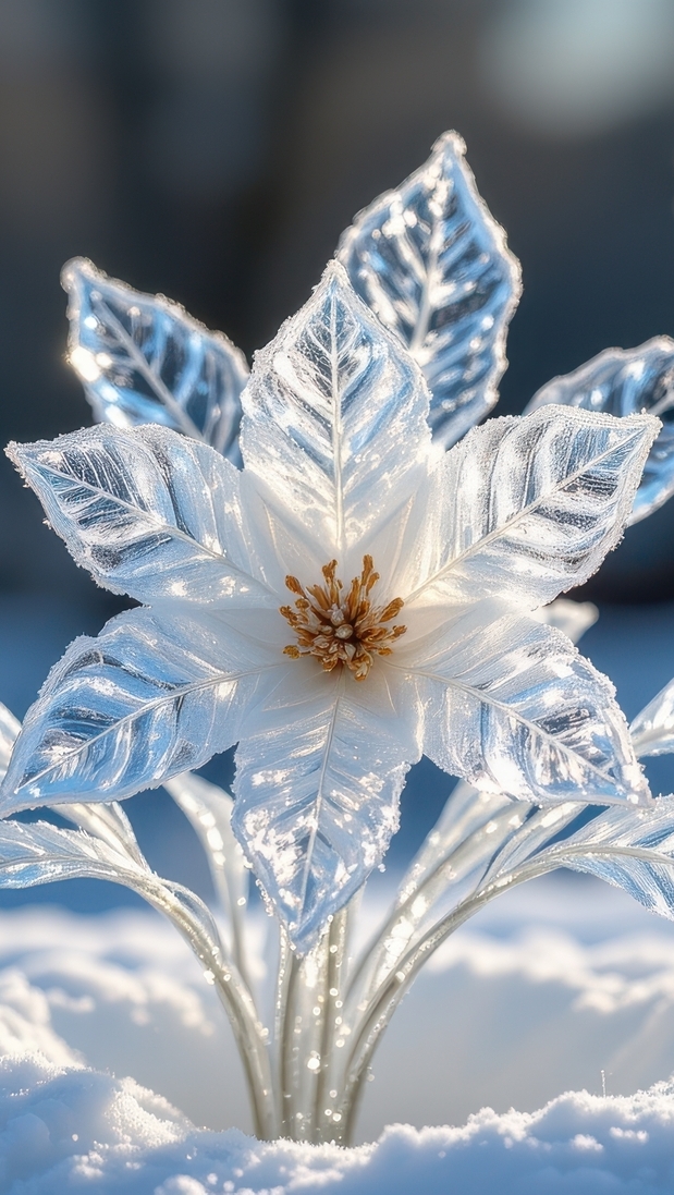Rozświetlony oszroniony biały kwiat w śniegu