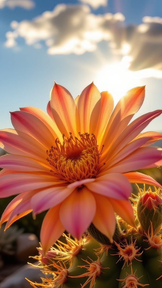 Rozświetlony słońcem pomarańczowy kwiat kaktusa