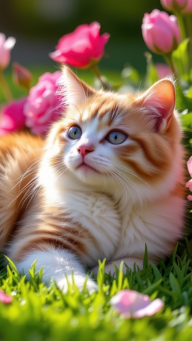 Rudo-biały kot leżący na trawie obok różowych kwiatów