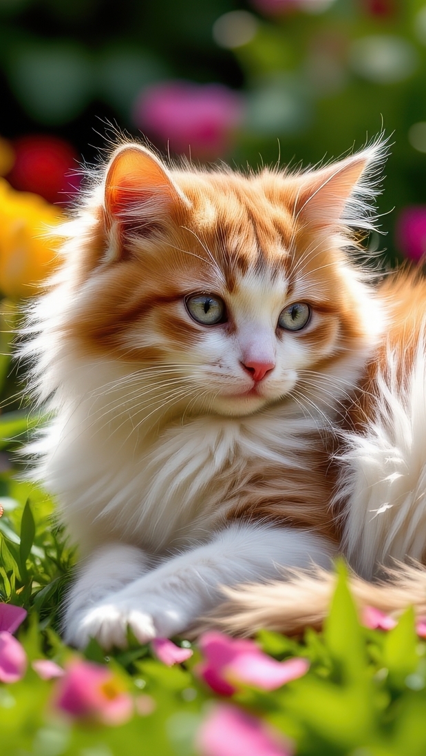 Rudo-biały kot leżący na trawie w ogrodzie