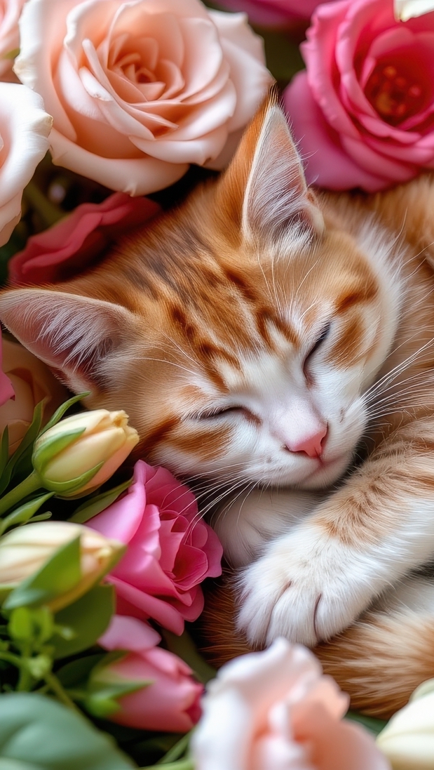 Rudo-biały kot śpiący wśród kwiatów