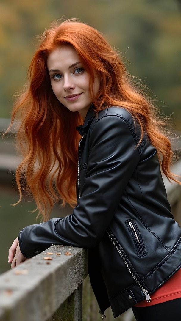 Rudowłosa kobieta w skórzanej kurtce przy balustradzie