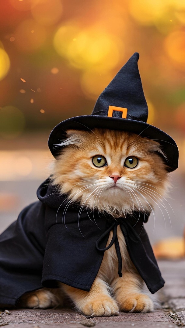 Rudy kot w kapeluszu i ubraniu na Halloween