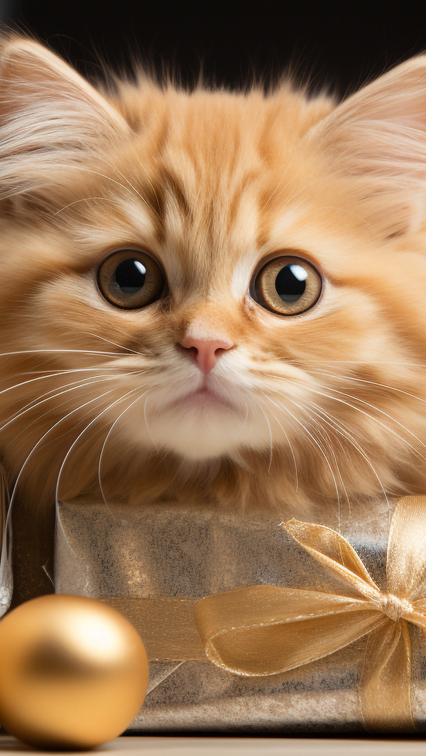 Rudy kotek obok prezentu i bombki
