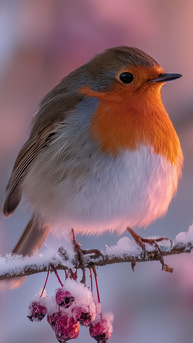 Rudzik na ośnieżonej gałązce z czerwonymi owocami