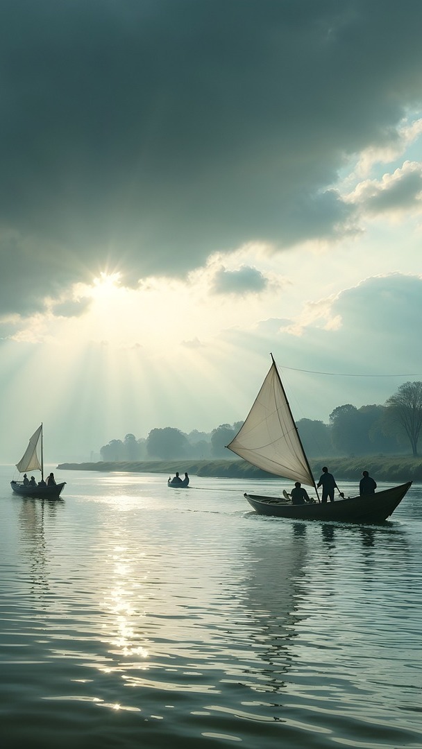 Rybacy w łodziach na rzece pod zachmurzonym niebem