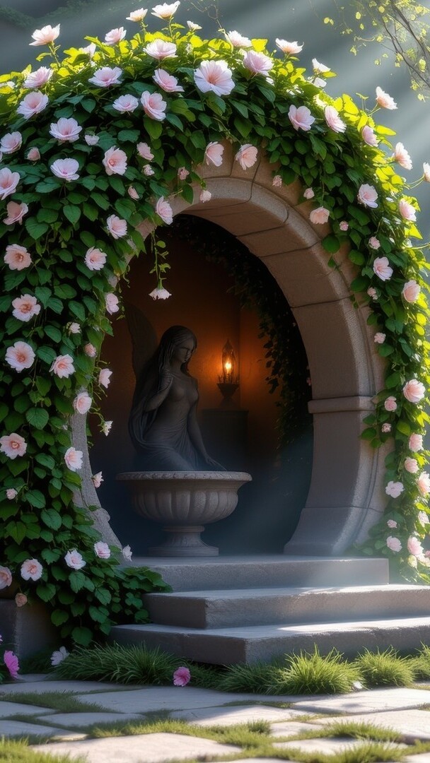 Rzeźba kobiety w budowli otoczonej pnącymi kwiatami