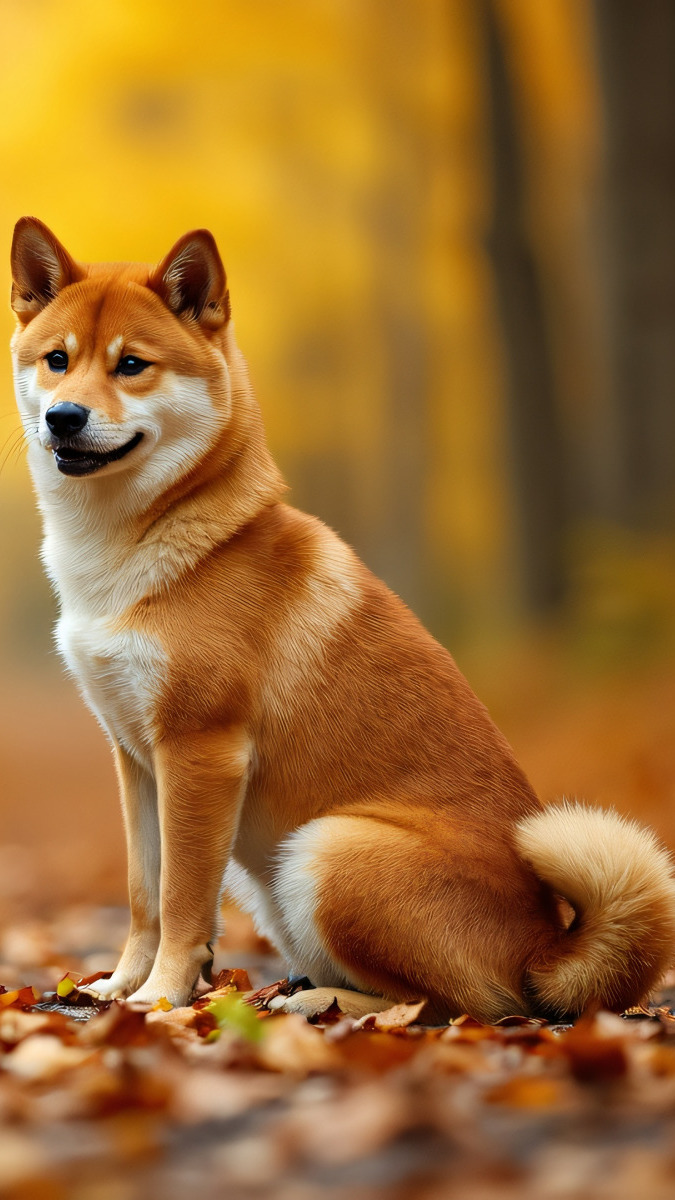 Shiba inu siedzący na jesiennych liściach