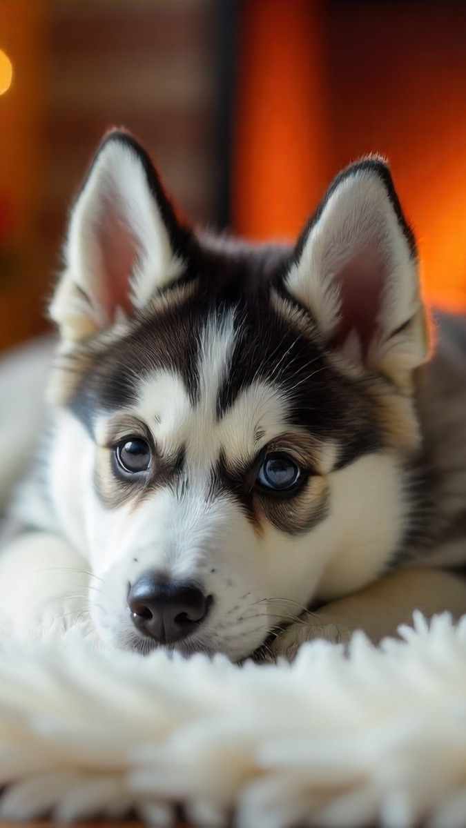 Siberian husky leżący na białym dywaniku