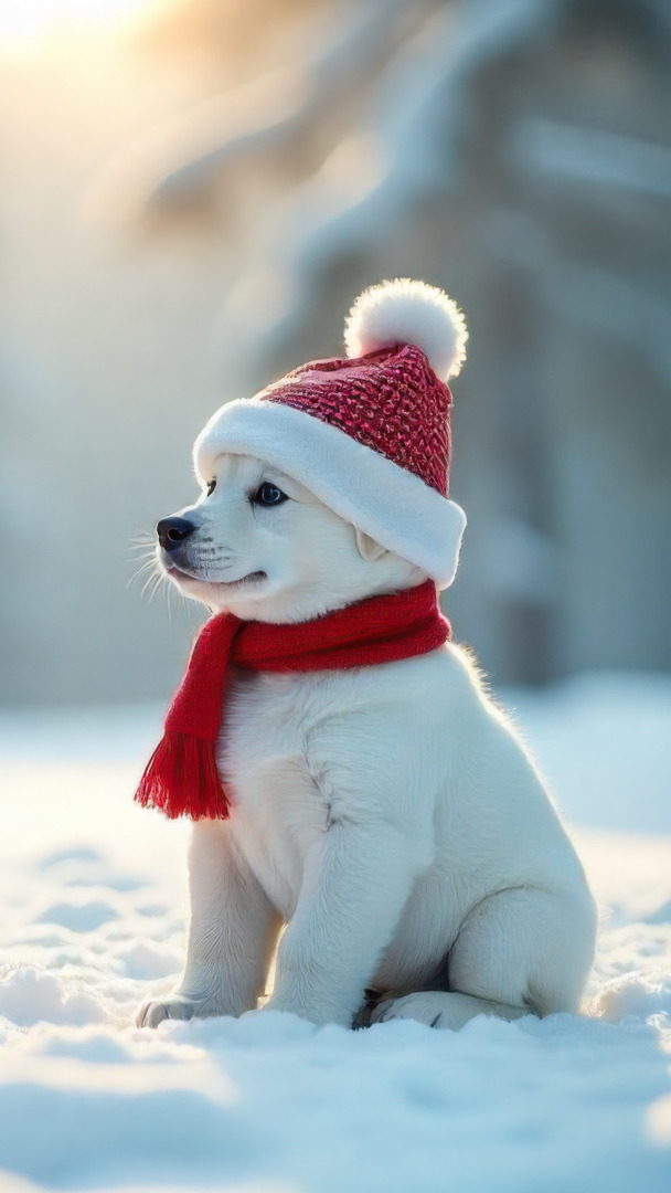 Siedzący na śniegu biały szczeniak w czapce i szaliku