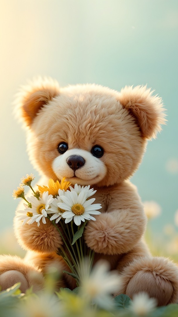 Siedzący na trawie pluszowy miś z kwiatami w łapkach