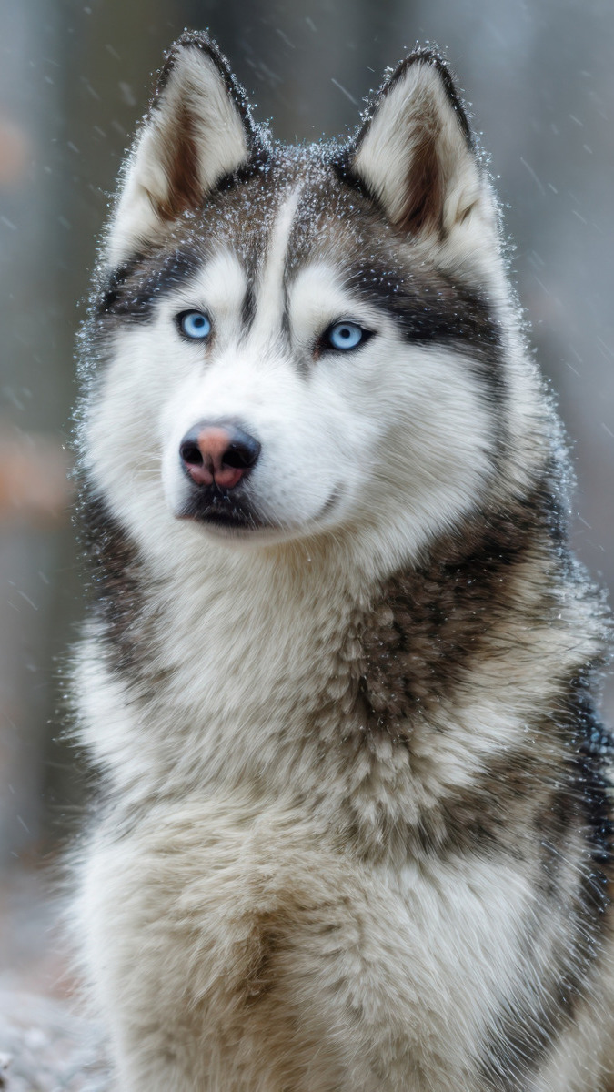 Siedzący siberian husky o niebieskich oczach