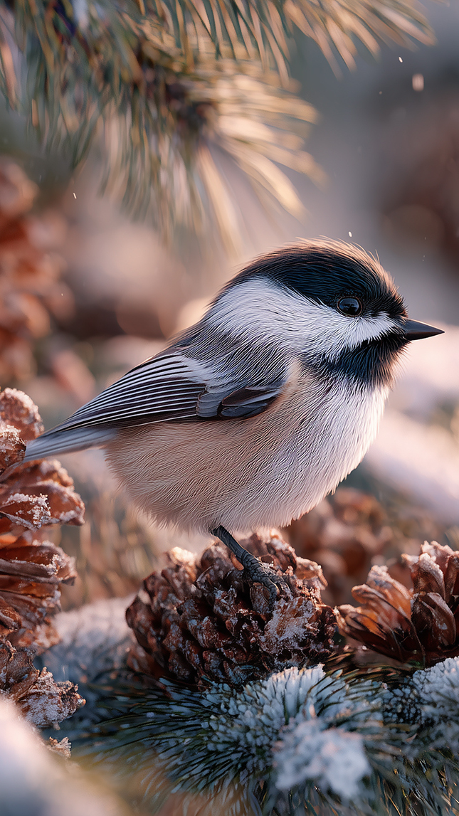 Sikorka czarnogłówka i szyszki na ośnieżonej gałązce sosny