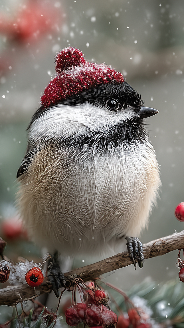 Sikorka czarnogłówka w czerwonej czapce i czerwone owoce na ośnieżonej gałązce
