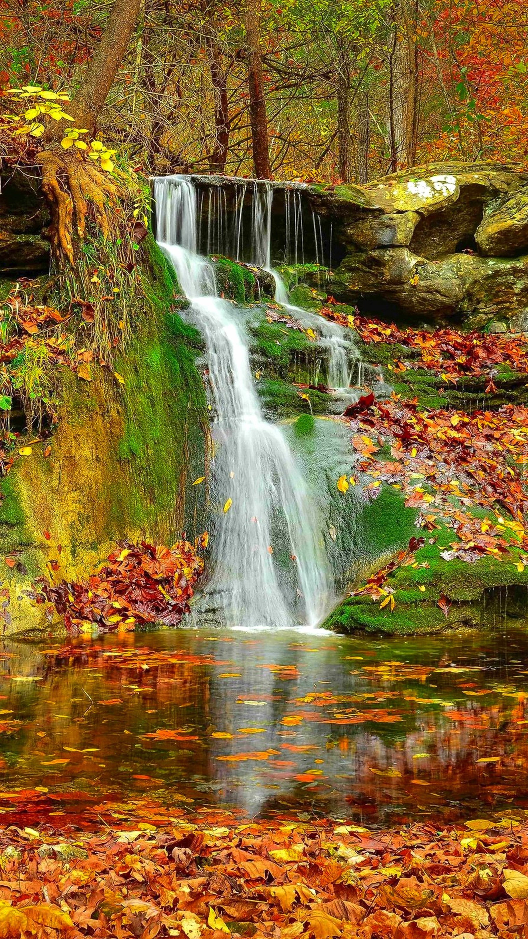 Skalny wodospad z jesiennymi liśćmi