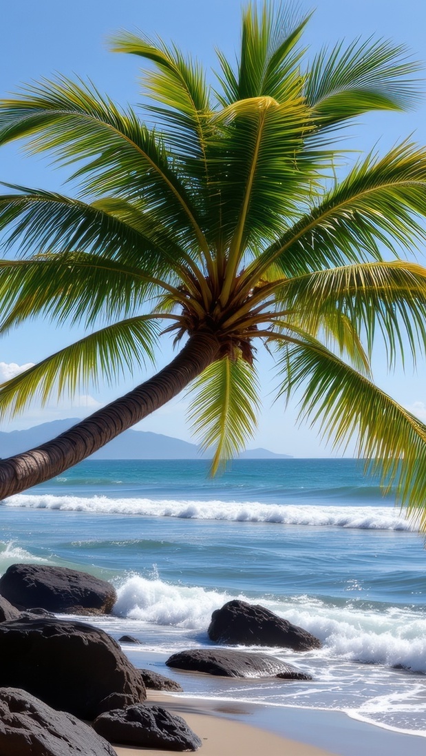 Skały i pochylona palma nad morzem