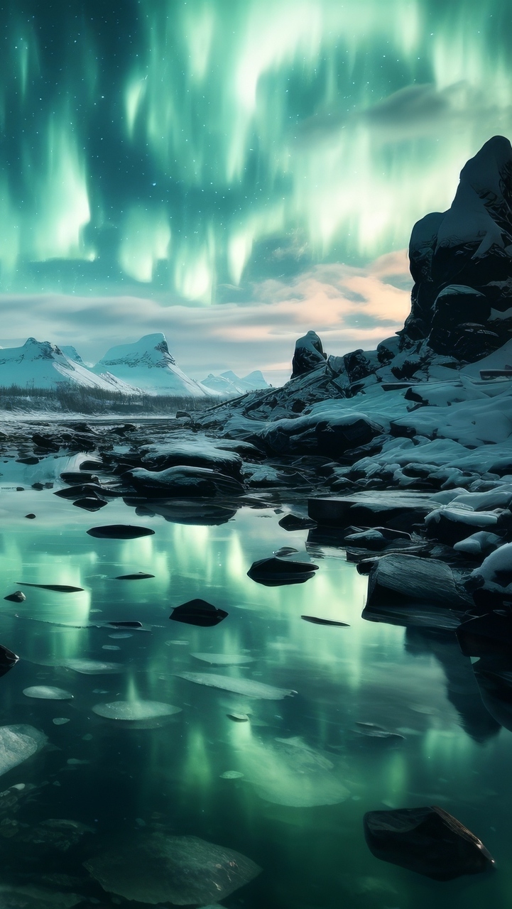 Skały i rzeka z widokiem na zorzę polarną