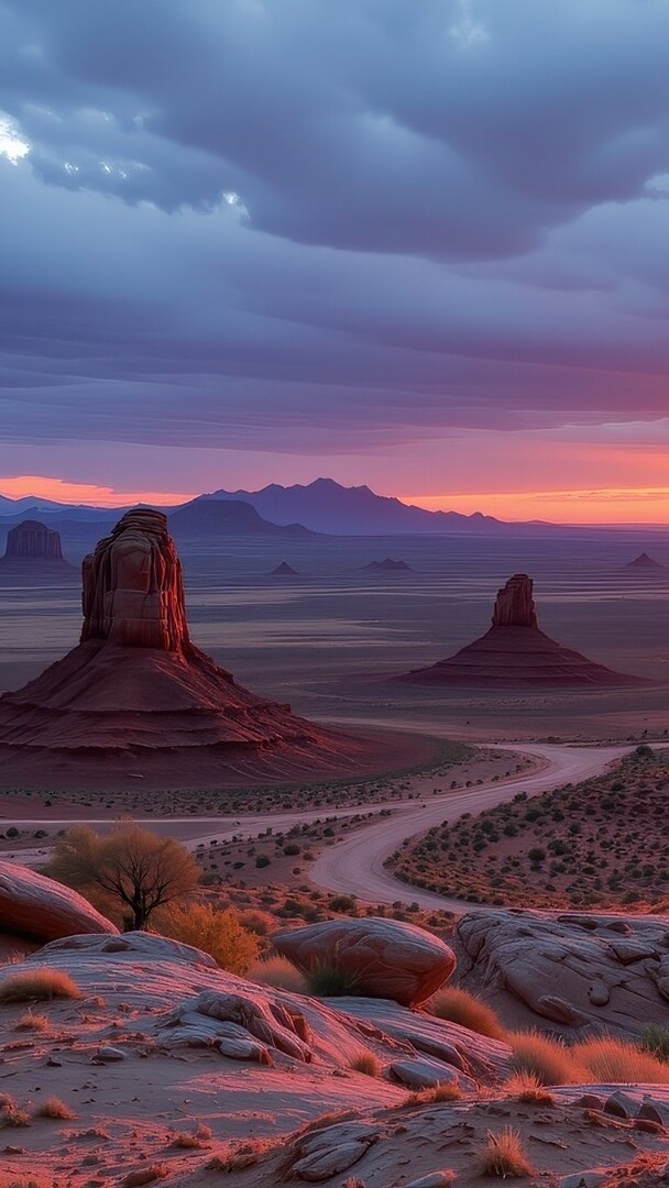 Skały przy krętej drodze w Monument Valley pod zachmurzonym niebem