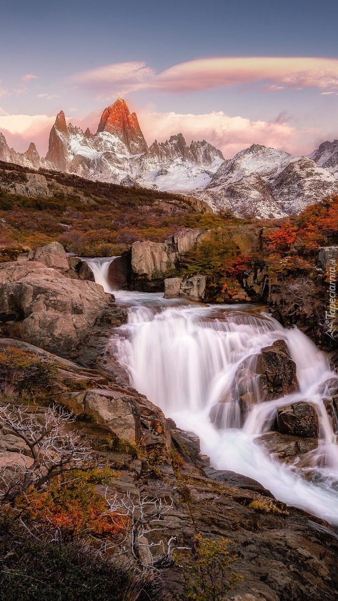 Skały w rzece i góra Fitz Roy w tle