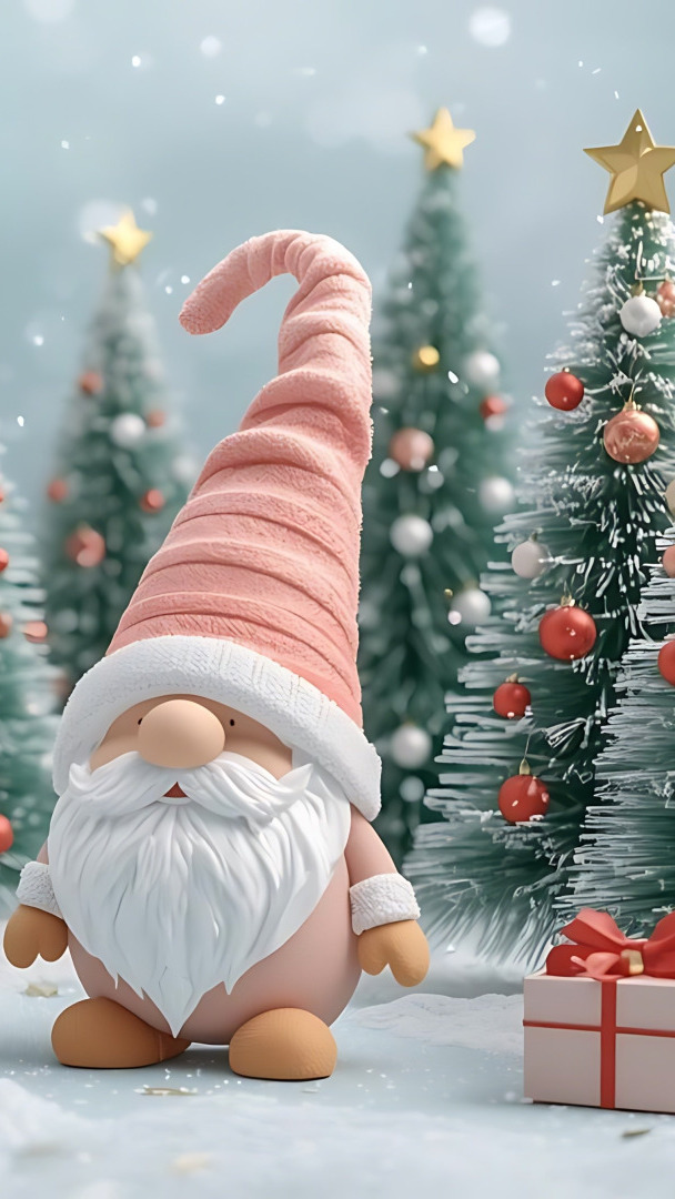 Skrzat w czapce i prezent obok choinek