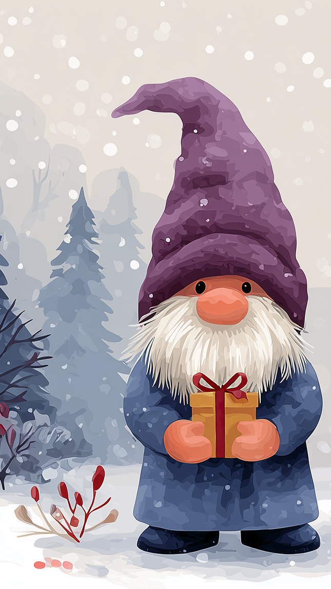 Skrzat w czapce z prezentem na tle drzew