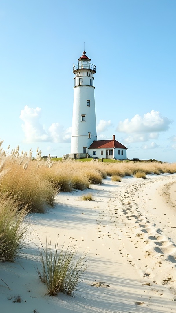 Ślady na piaszczystej plaży i latarnia morska