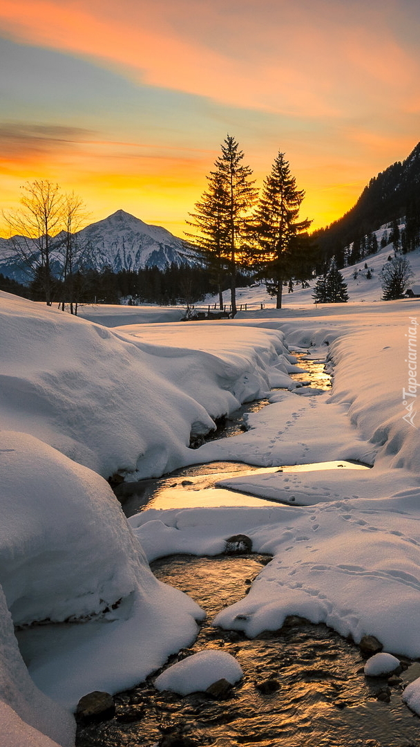Ślady na śniegu przy rzece o zachodzie słońca